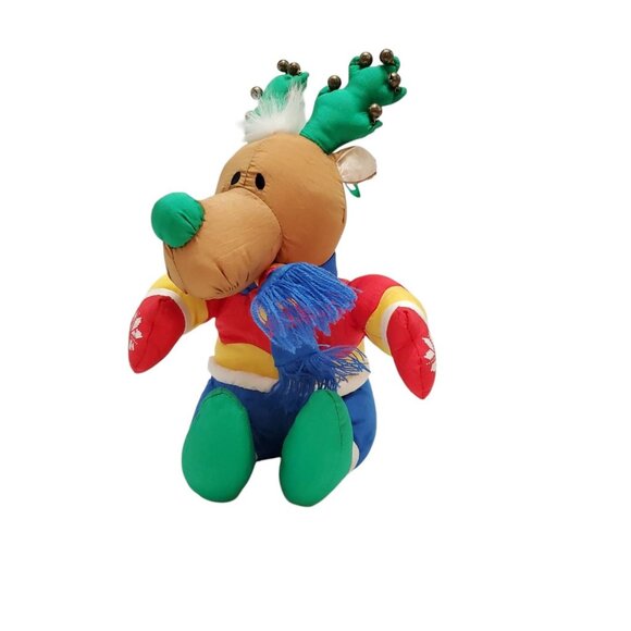 Holiday Polyester Colorful Stuffed Reindeer Toy With Bells & Scarf 12 Inch - Picture 4 of 11